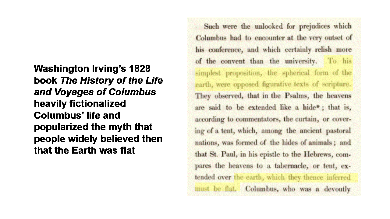 Image of a passage with the lines 'To his simplest proposition, the spherical form of the earth, were opposed figurative texts of scripture...the earth, which they thence inferred must be flat' highlighted. The caption reads 'Washington Irving's 1828 book The History of the Life and Voyages of Columbus, heavily fictionalized Columbus' life and popularized the myth that people widely believed then that the Earth was flat'